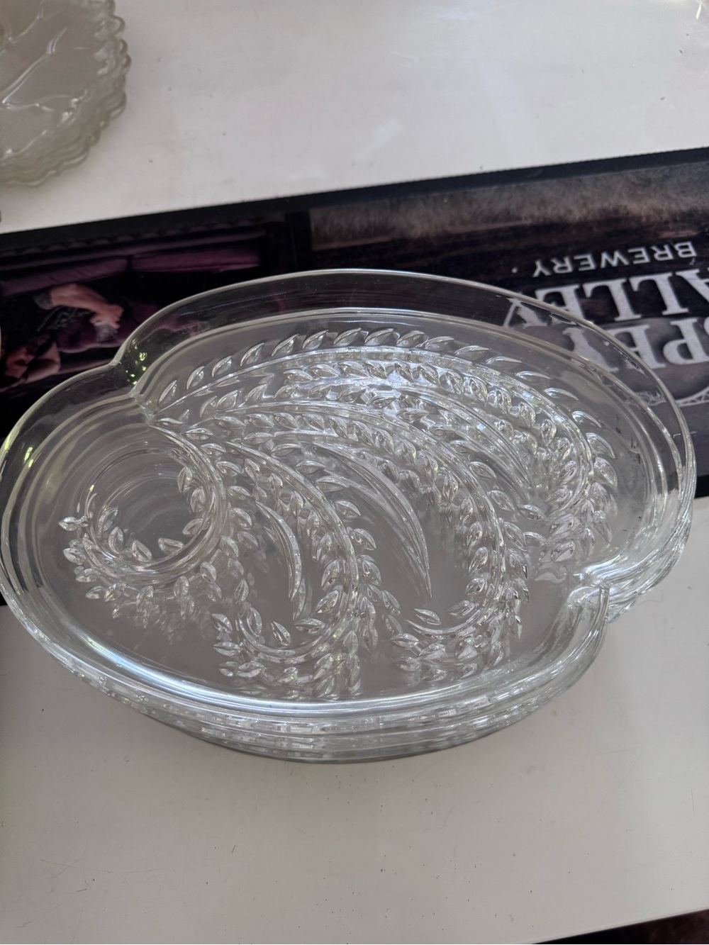 Set of 8 Vintage Clear Pressed Glass Divided Serving Dish - Leaf Swirl Pattern.